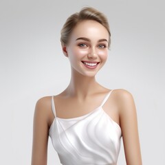 3D-rendered portrait featuring a beautiful woman adorned in a fashion-forward white silk dress, exuding enchantment and grace. Generative AI.