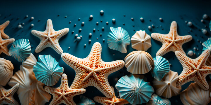 Starfish and Shells Pattern in Turquoise Background