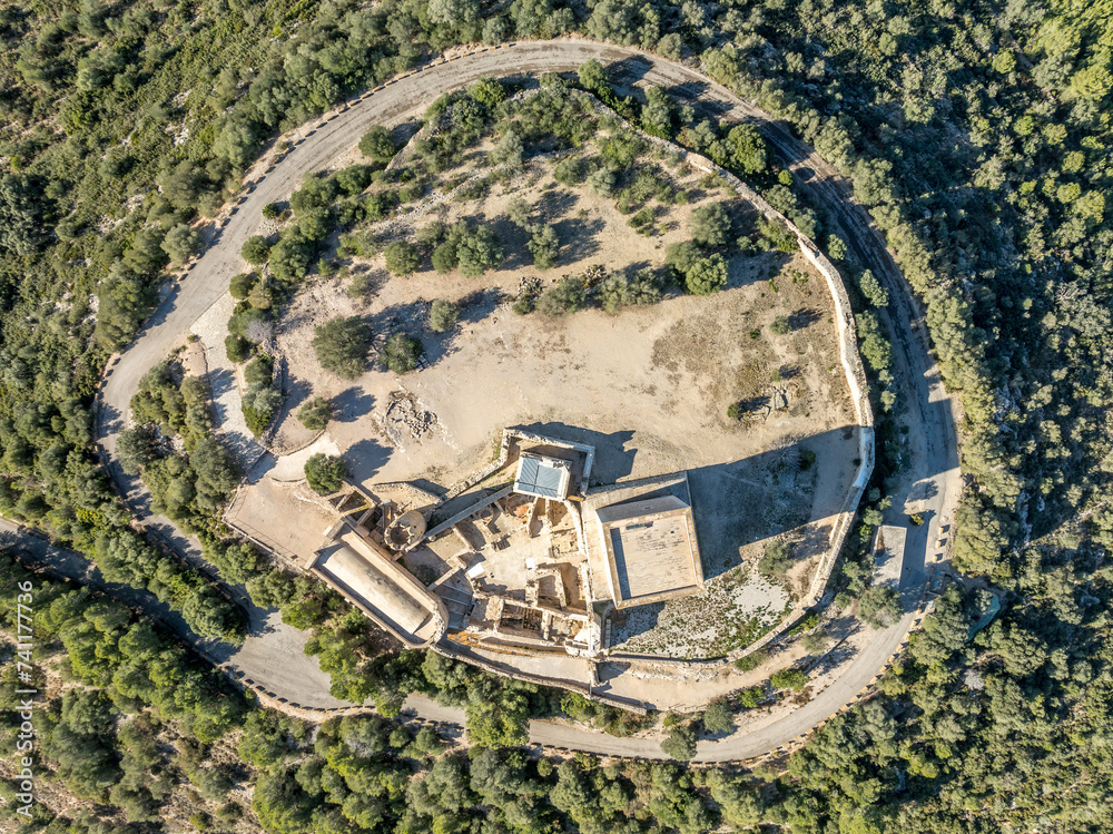 Canvas Prints aerial view of ulldecona castle, serra grossa mountain top, former frontier fortified complex old ch