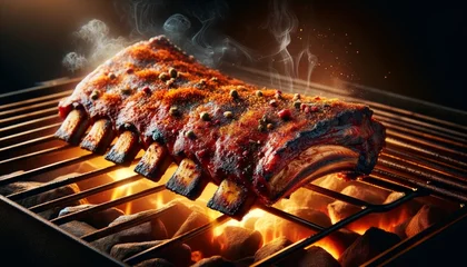 Fotobehang Smoked Barbecue Ribs on Charcoal Grill with Burning Embers at Dusk © Riz