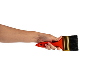 Clean new paint brush in hand isolated on transparent background.