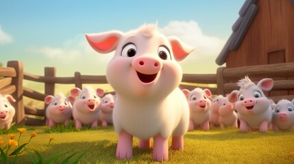 3D cute cartoon style farm piglets, curious piglets, organic farm animals