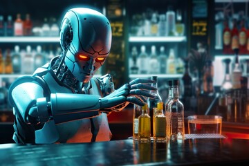 Sci-fi: Robot bartender at the bar, robot bartending at the bar of the future