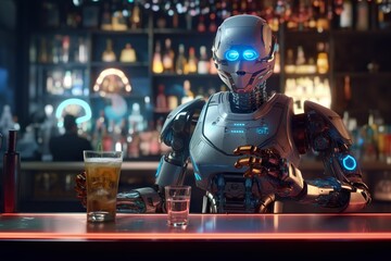 Sci-fi: Robot bartender at the bar, robot bartending at the bar of the future