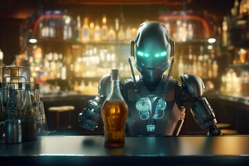 Sci-fi: Robot bartender at the bar, robot bartending at the bar of the future
