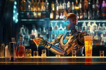 Sci-fi: Robot bartender at the bar, robot bartending at the bar of the future