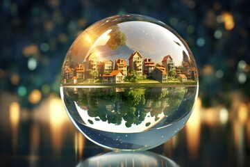 City model in crystal ball, city model in water drop, green city concept, environmental protection, future city, construction industry