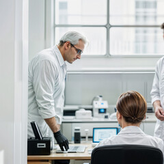 Obraz premium A man and woman in white lab coats are standing in a lab. ai generative