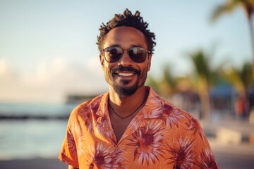 Happy african american man in vacation. Smiling face portrait of a black guy in the summer resort. Man in hawaiian shirt look at camera - obrazy, fototapety, plakaty