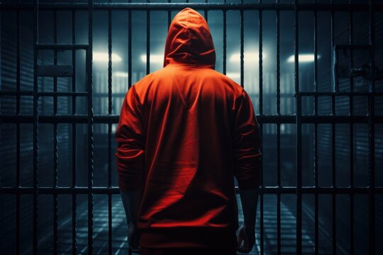Bad guy in red hoodie stand his back in prison cell. Gangster in jail