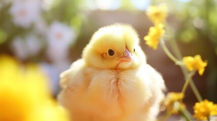 Baby chicken closeup view. Cute little chick