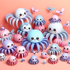The cute and lovely spiders paper art, craft, surrealism, 3D digital art, simple background. Generative AI.