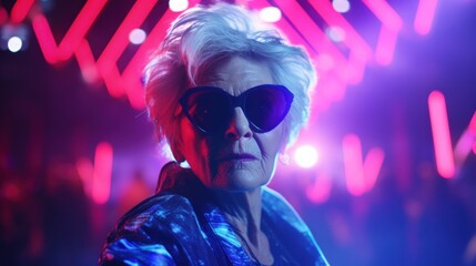 Cool grandma face portrait in nightclub - obrazy, fototapety, plakaty