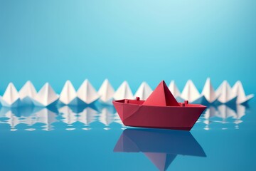 Neatly arranged paper boats on a blue background, symbolizing navigation, direction, leading the team forward