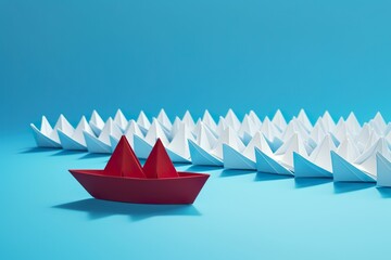Neatly arranged paper boats on a blue background, symbolizing navigation, direction, leading the team forward