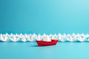 Neatly arranged paper boats on a blue background, symbolizing navigation, direction, leading the team forward