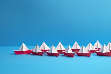 Neatly arranged paper boats on a blue background, symbolizing navigation, direction, leading the team forward