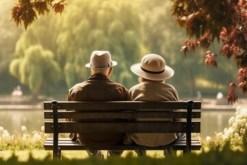 Elderly couple looking at the scenery in the spring garden, rear view of an elderly couple sitting on a bench and looking at the scenery, healthy senior living