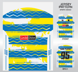 Pattern vector sports shirt background image.Wavy zigzag blue white yellow pattern design, illustration, textile background for sports t-shirt, football jersey shirt.eps