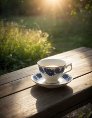 A teacup is resting on a saucer atop a wooden table, illuminated by a gentle light. A small plant adds a touch of greenery to the serene scene