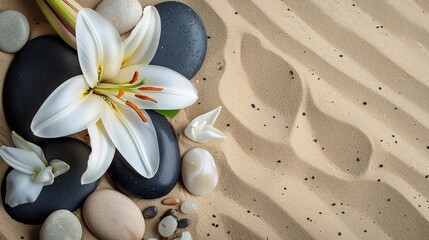 Notion of scented care in a spa zen setting with some white lilies and stones over gold sand and space, Generative AI.