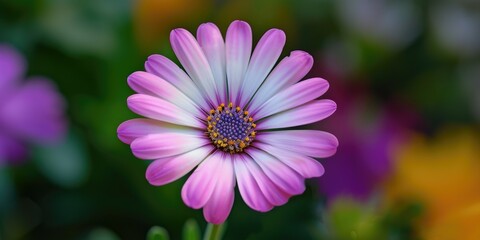 Obraz premium A vibrant pink flower in a beautiful garden, surrounded by blooming flora in shades of purple,