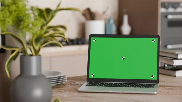 laptop green screen close-up animation, chroma key, indoor setting, 4k