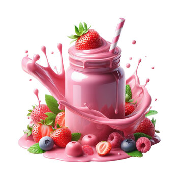 Image filled with strawberry flavored yogurt and sparkling around it over strawberries, blackberries and blueberries on a transparent background, PNG