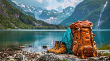 Over the mountain and in the forest by the lake, bring a backpack and hiking shoes over rock and space, Generative AI.