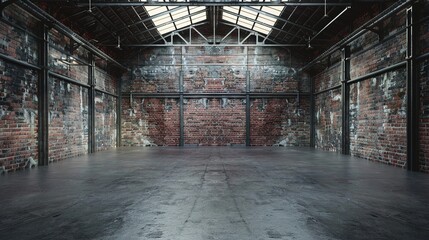 Empty Old Warehouse with Industrial Loft Style. Brick Wall, Concrete Floor, Black Steel Roof 