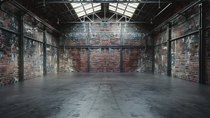 Photo sur Plexiglas Vieux bâtiments abandonnés Empty Old Warehouse with Industrial Loft Style. Brick Wall, Concrete Floor, Black Steel Roof 