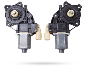 two Electric window mechanism motor for a car on a white isolated background. Automotive spare parts catalog.
