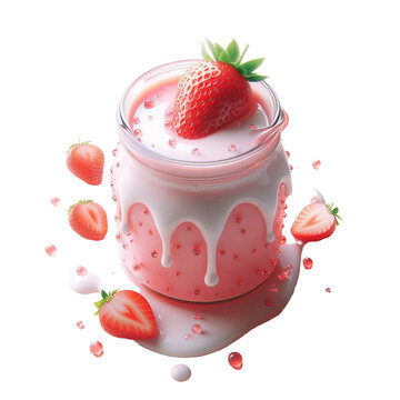 Image of a glass with spilled strawberry flavored yogurt decorated with strawberry fruits on transparent background, PNG