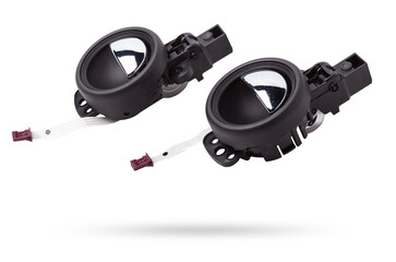 Obraz premium Inside Handle door opening in the vehicle with metal element on white isolated background. Spare parts auto catalog.