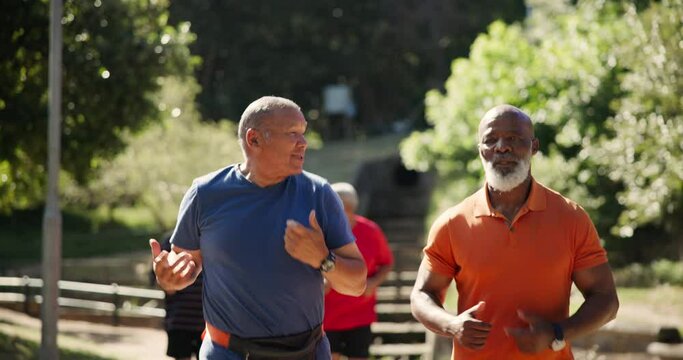 Sports, nature and senior men running in outdoor park for race, competition or marathon training. Fitness, exercise and group of elderly male people with cardio workout in field or garden for health.