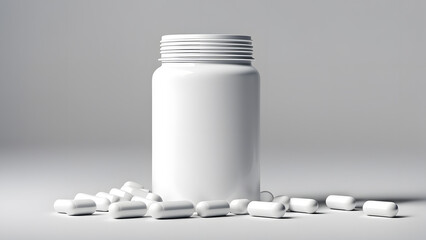3D White Pills in Medicine Vial Can Jar on White Background. Ideal for Medical, Healthcare, or Pharmaceutical Themes.