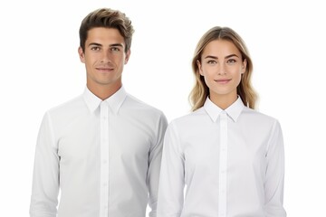 Male and female models wearing white shirts on a white background, business men and women wearing white shirts, shirt mockup, shirt sale, shopping website category icons