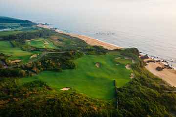 Aerial view of tropical golf course