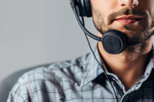 A man with facial hair is using audio equipment like headphones and a microphone