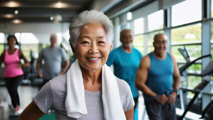 Portrait of smiling senior woman with friends in background at fitness center - obrazy, fototapety, plakaty