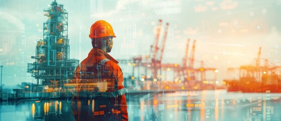 Double exposure of Engineer working with Loading ships port