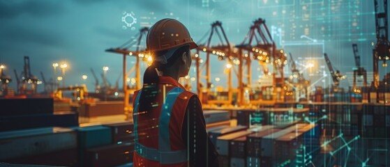 Double exposure of Woman Engineer working with Loading ships port - obrazy, fototapety, plakaty