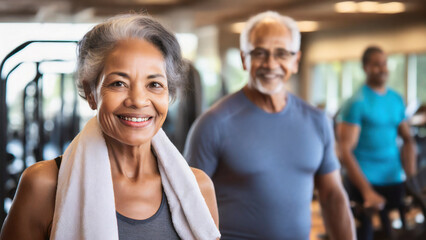 Portrait of smiling senior couple with towel on shoulders in fitness studio - obrazy, fototapety, plakaty