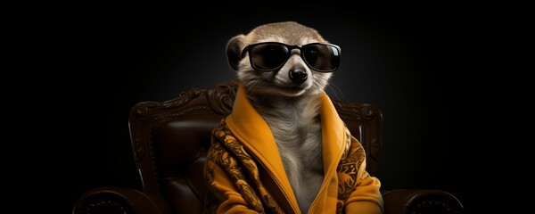 Fototapeta premium Meerkat Wearing Yellow Robe and Sunglasses and Sitting on Brown Leather Chair with Copy Text Space. Generative AI