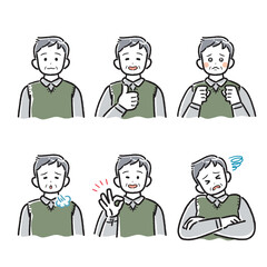 太線タッチのシニア男性セットイラスト(アイコン、アバター、笑う、泣く、落ち込む、OK、NG )