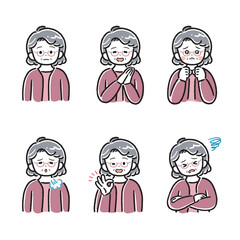 太線タッチのシニア女性セットイラスト(アイコン、アバター、笑う、泣く、落ち込む、OK、NG )