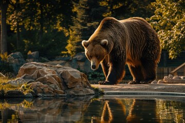 large brown bear walks around the lake 