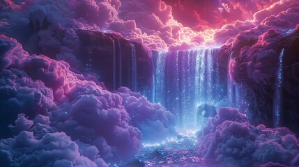 An ethereal scene where a celestial waterfall cascades into a cosmic abyss, surrounded by clouds illuminated by an otherworldly glow. - obrazy, fototapety, plakaty