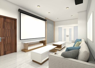 Studio Room Design with Wall Screen Projector and Comfortable Sofa 