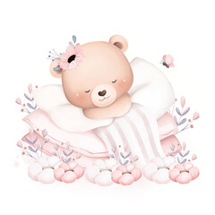 Watercolor Illustration Cute Baby Bear Sleeps at Garden